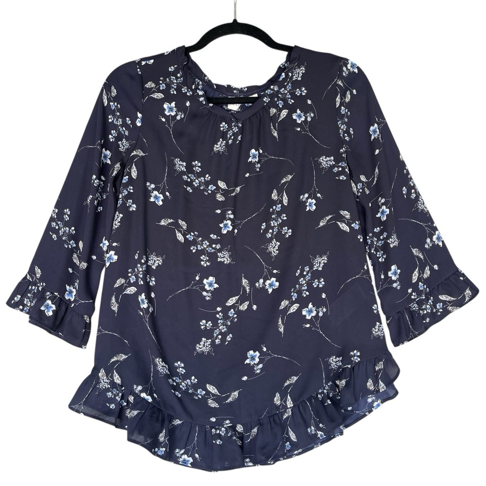 Gap Shirt Womens XS Blue Floral Semi Sheer Ruffle Dark Feminine Romantic